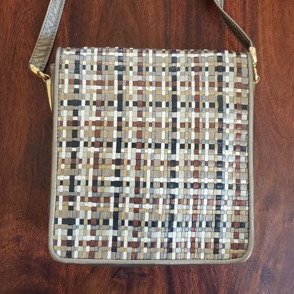Vintage GANSON Woven Neutral Leather Crossbody Black Taupe Mustard Gray Cream - Picture 1 of 11
